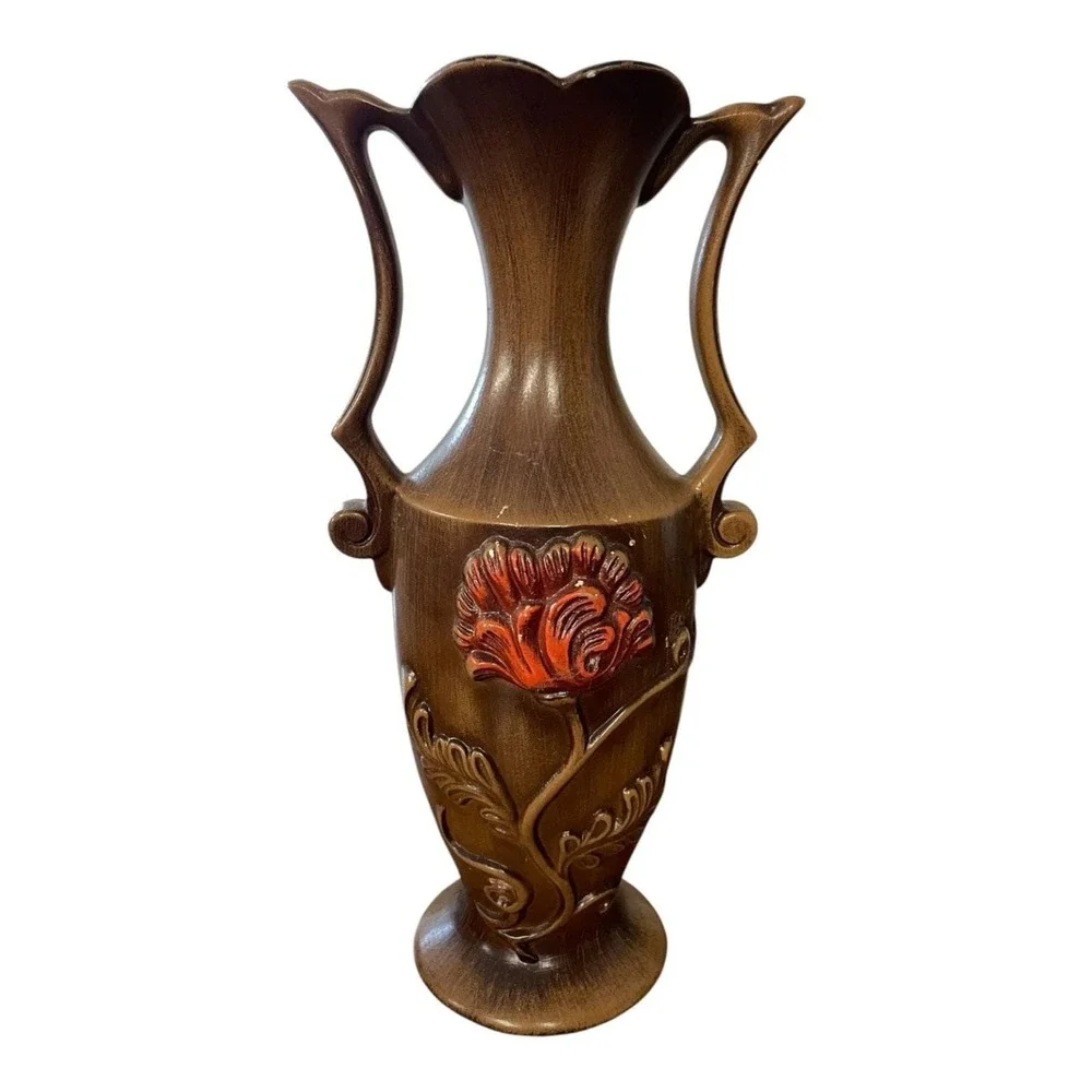 Vintage Bronze Tone Ceramic Vase with Raised Red Orange Floral Decor Handles